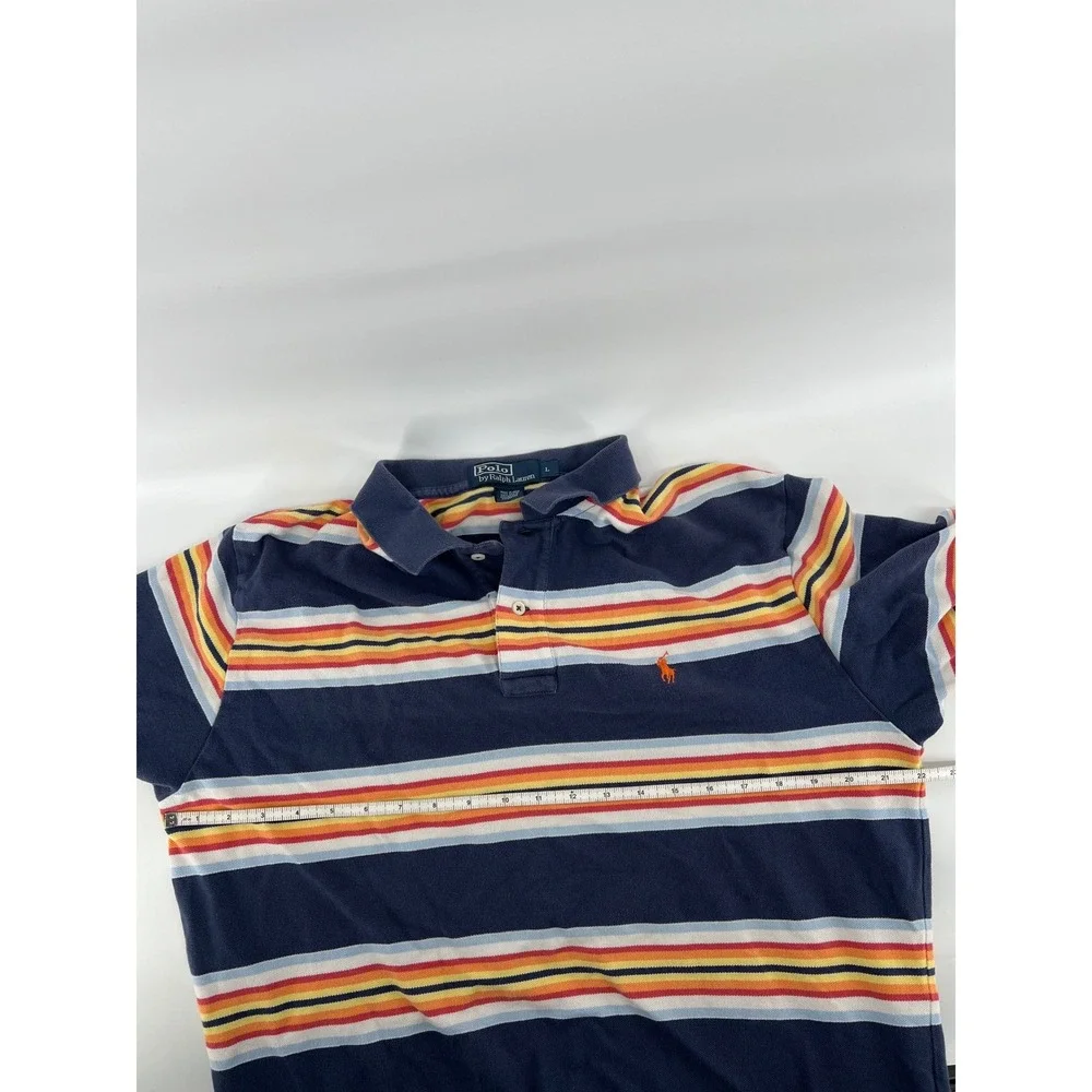 Polo Ralph Lauren Mens Large Navy Blue Multi Color Striped Cotton Polo Shirt L